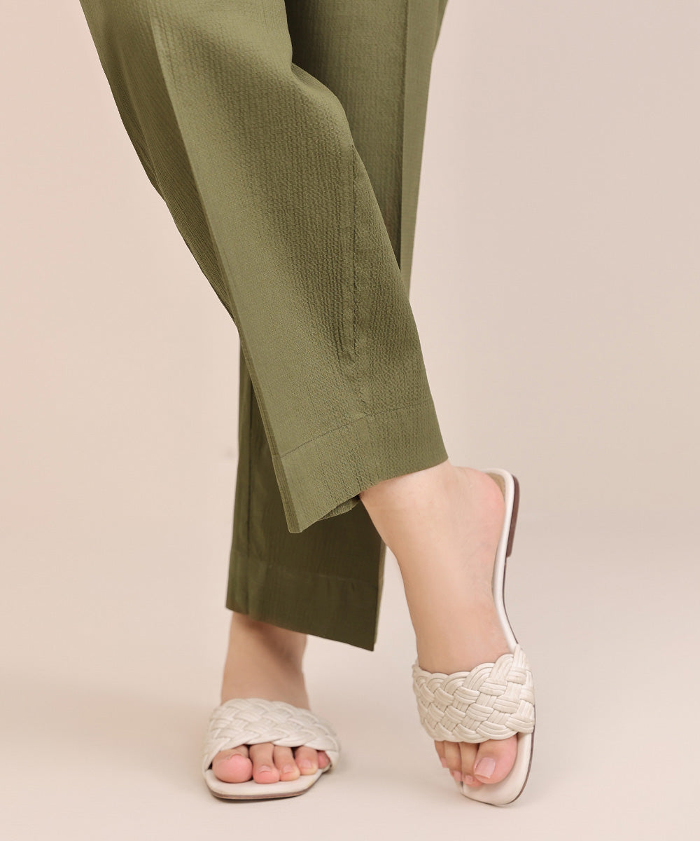 Women's Pret Seersucker Green Solid Straight Pants