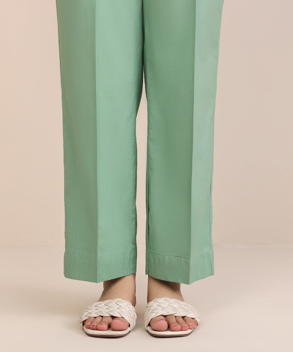 Women's Pret Seersucker Green Solid Straight Pants