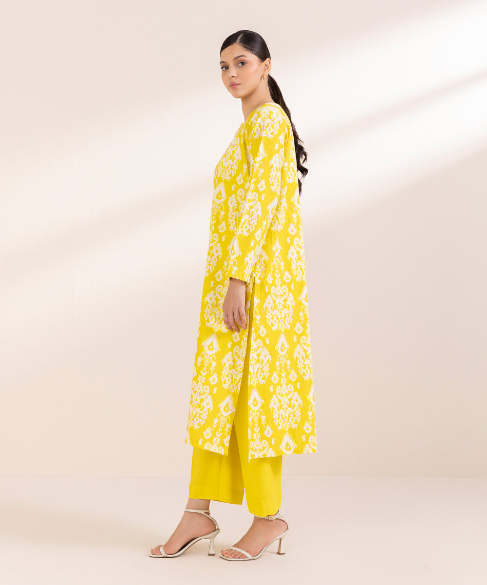 Women's Pret Seersucker Printed Yellow A-Line Shirt