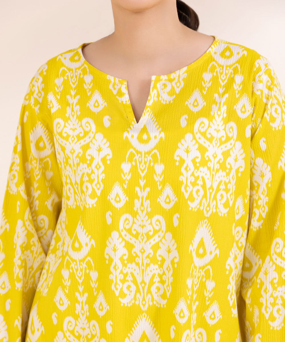 Women's Pret Seersucker Printed Yellow A-Line Shirt