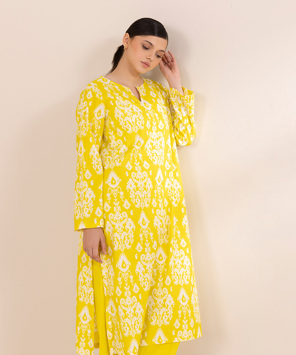 Women's Pret Seersucker Printed Yellow A-Line Shirt