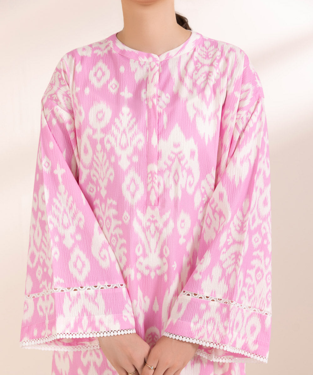 Women's Pret Seersucker Printed Pink Boxy Shirt