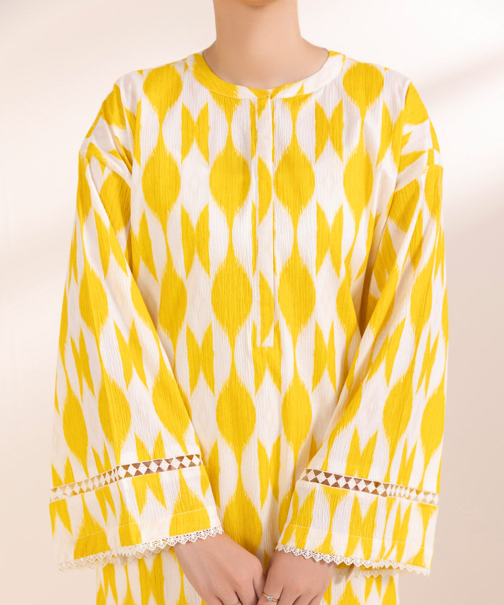 Women's Pret Seersucker Printed Yellow A-Line Shirt