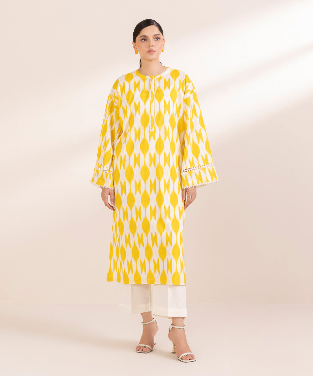 Women's Pret Seersucker Printed Yellow A-Line Shirt