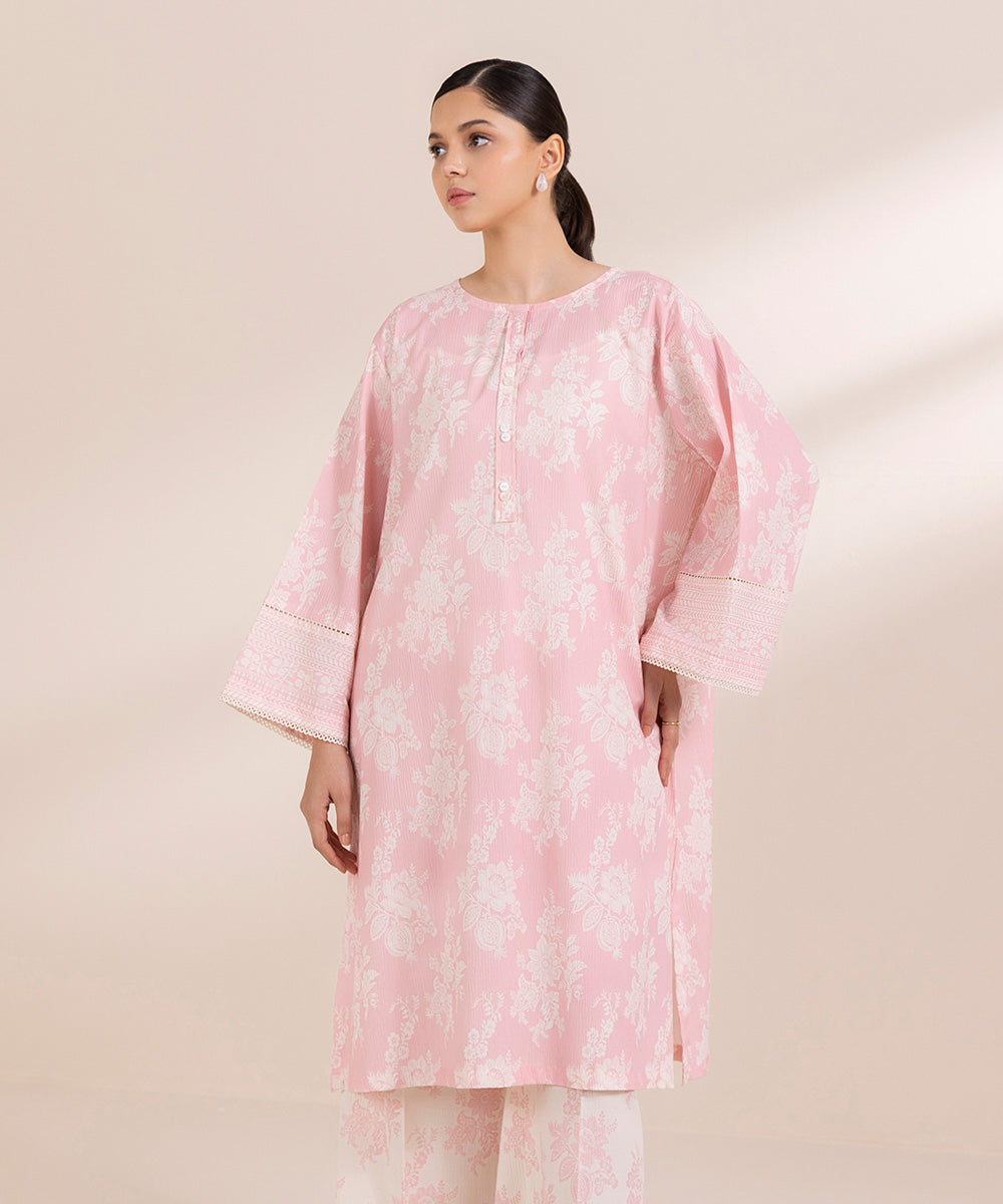 Women's Pret Seersucker Printed Pink Straight Shirt