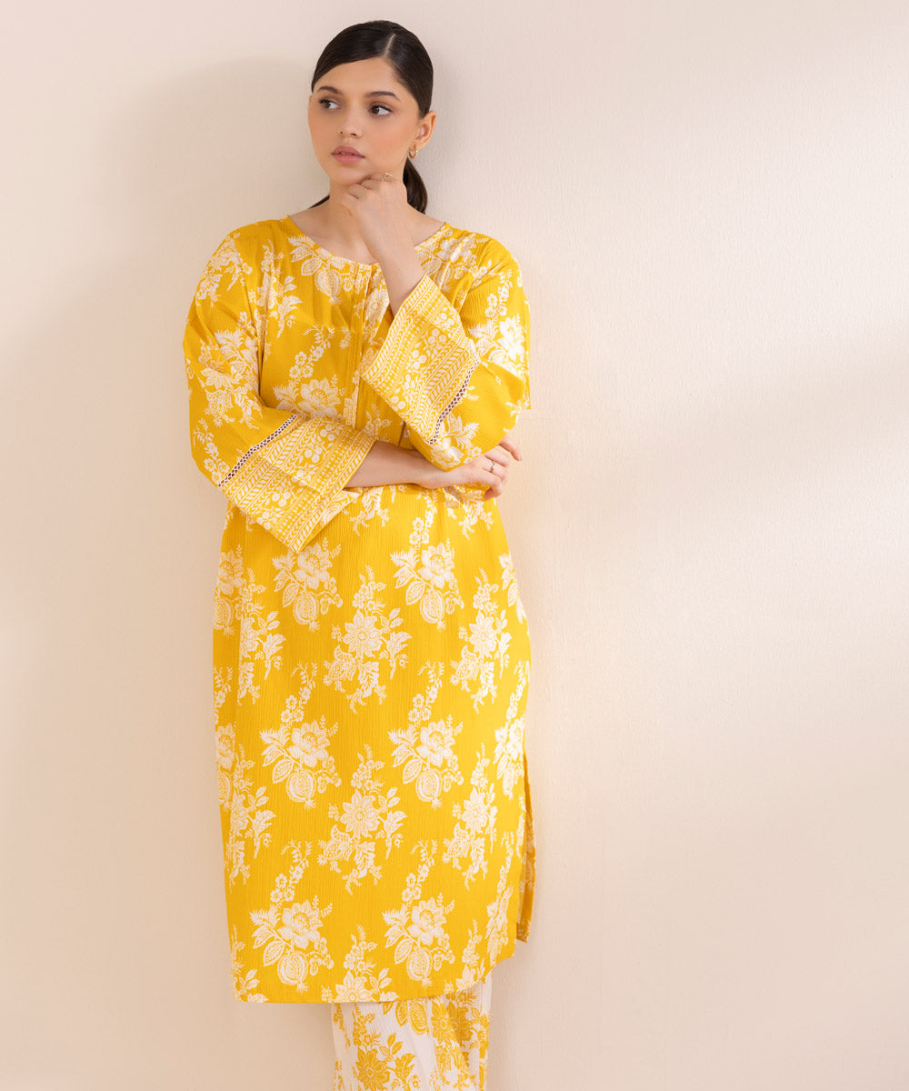 Women's Pret Seersucker Printed Yellow Straight Shirt