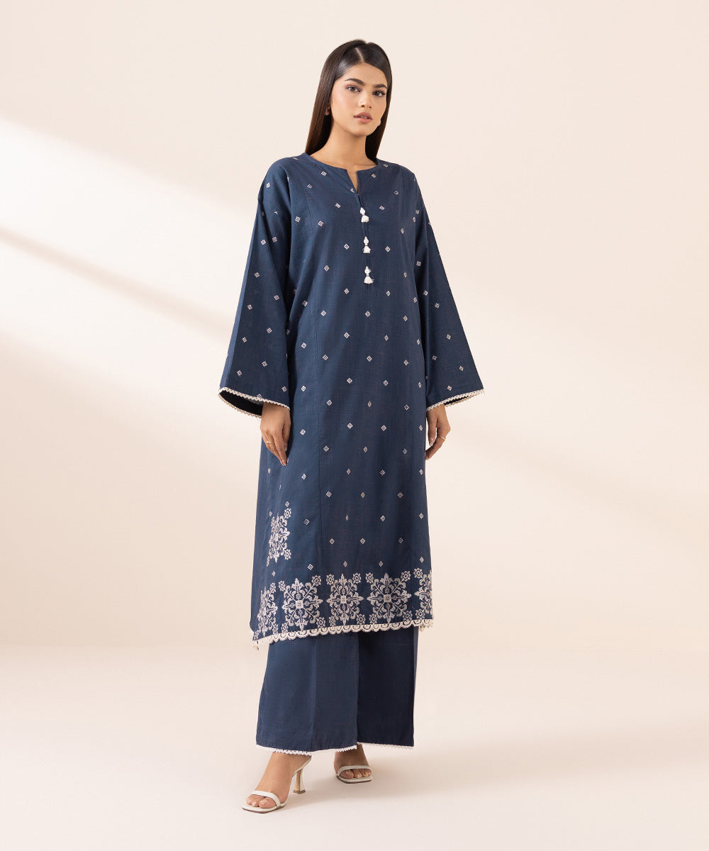 Women's Pret Textured Cotton Blue Embroidered A-Line Shirt