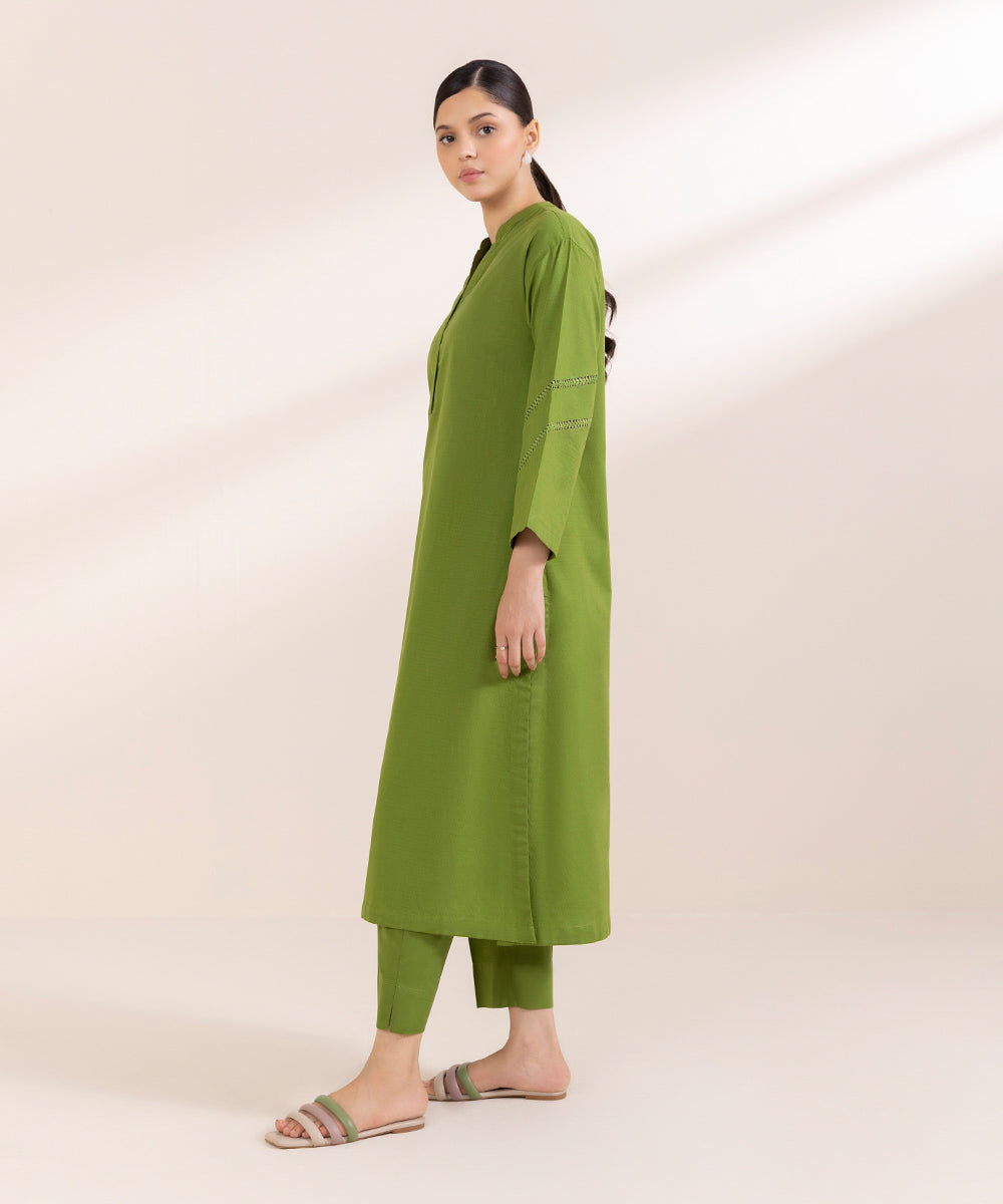 Women's Pret Dobby Solid Green Boxy Shirt