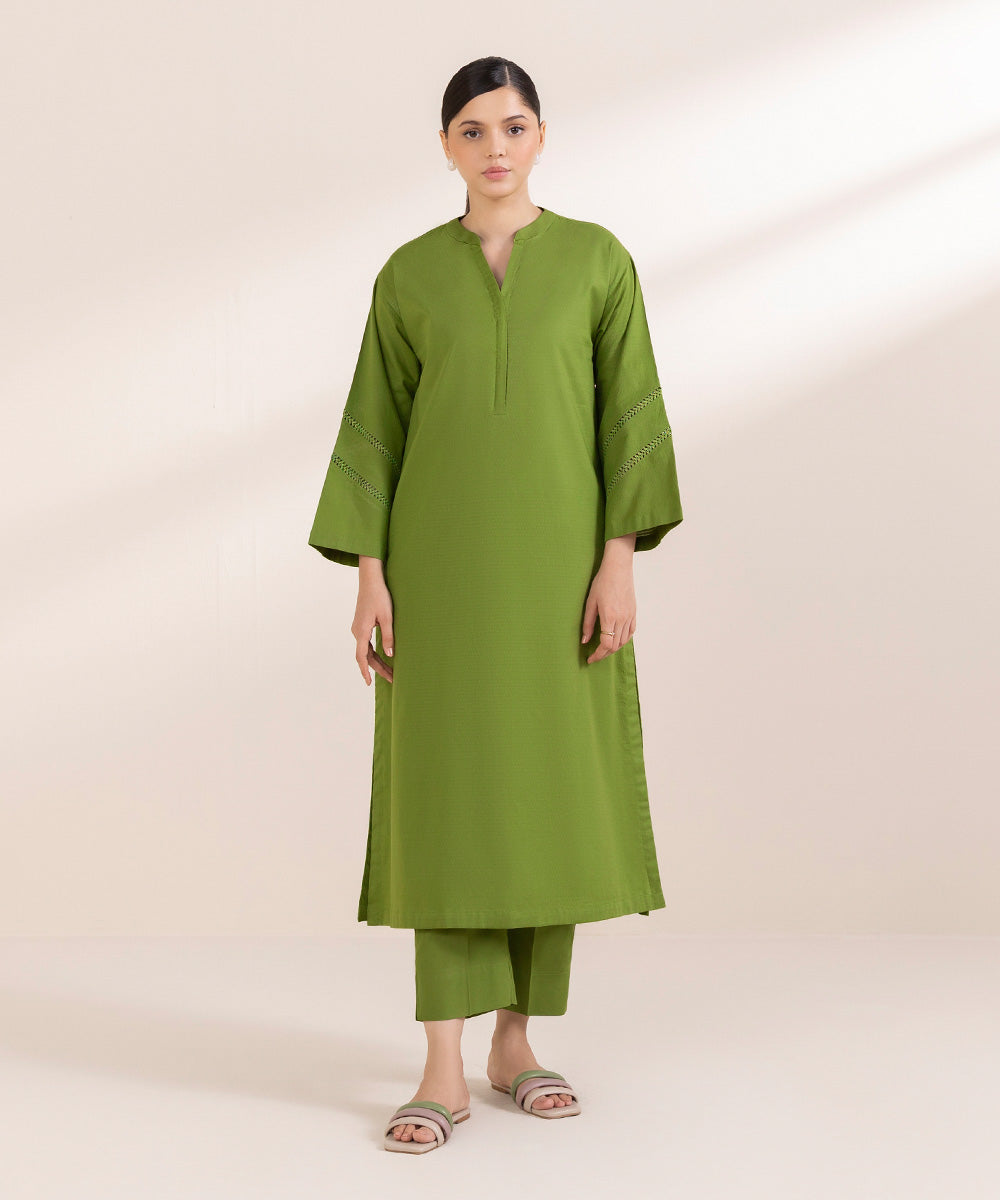 Women's Pret Dobby Solid Green Boxy Shirt