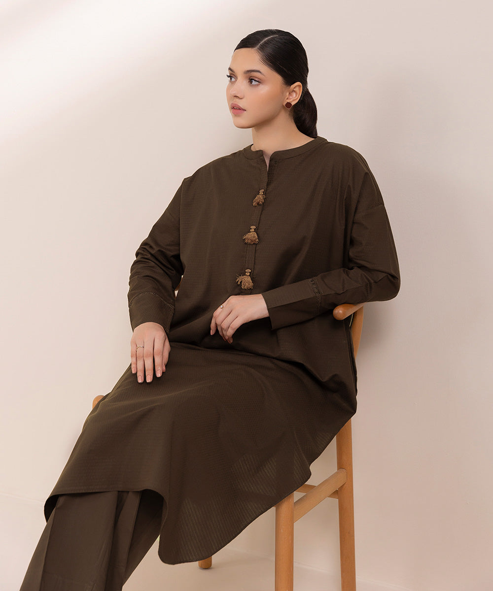 Women's Pret Dobby Solid Brown Boxy Shirt