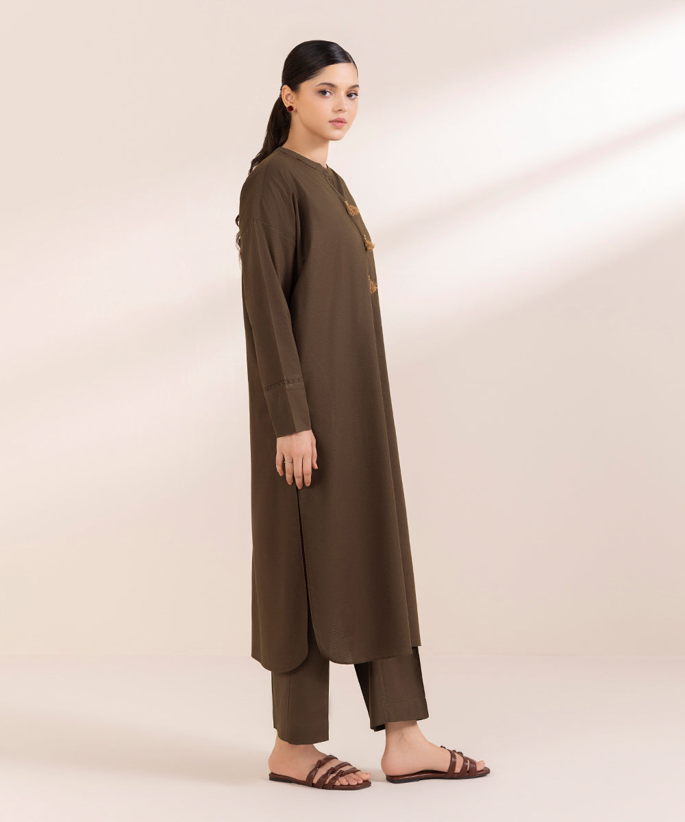 Women's Pret Dobby Solid Brown Boxy Shirt