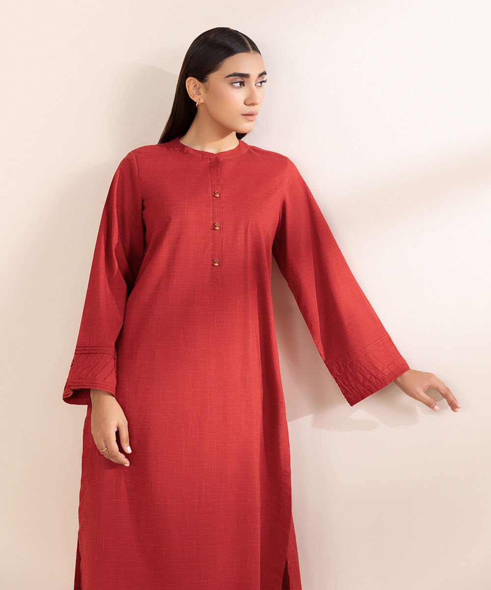 Women's Pret Textured Cotton Red Solid Straight Shirt