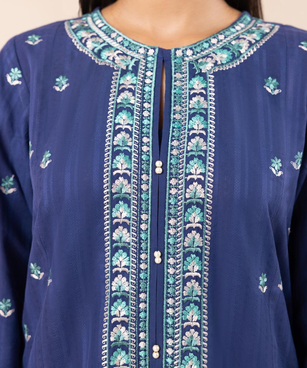 Women's Pret Dobby Blue Embroidered A-Line Shirt