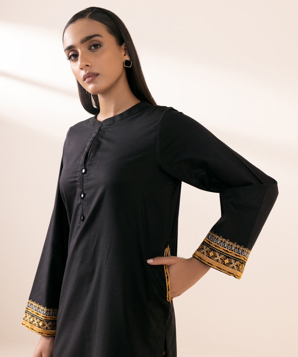 Women's Pret Dobby Black Embroidered A-Line Shirt