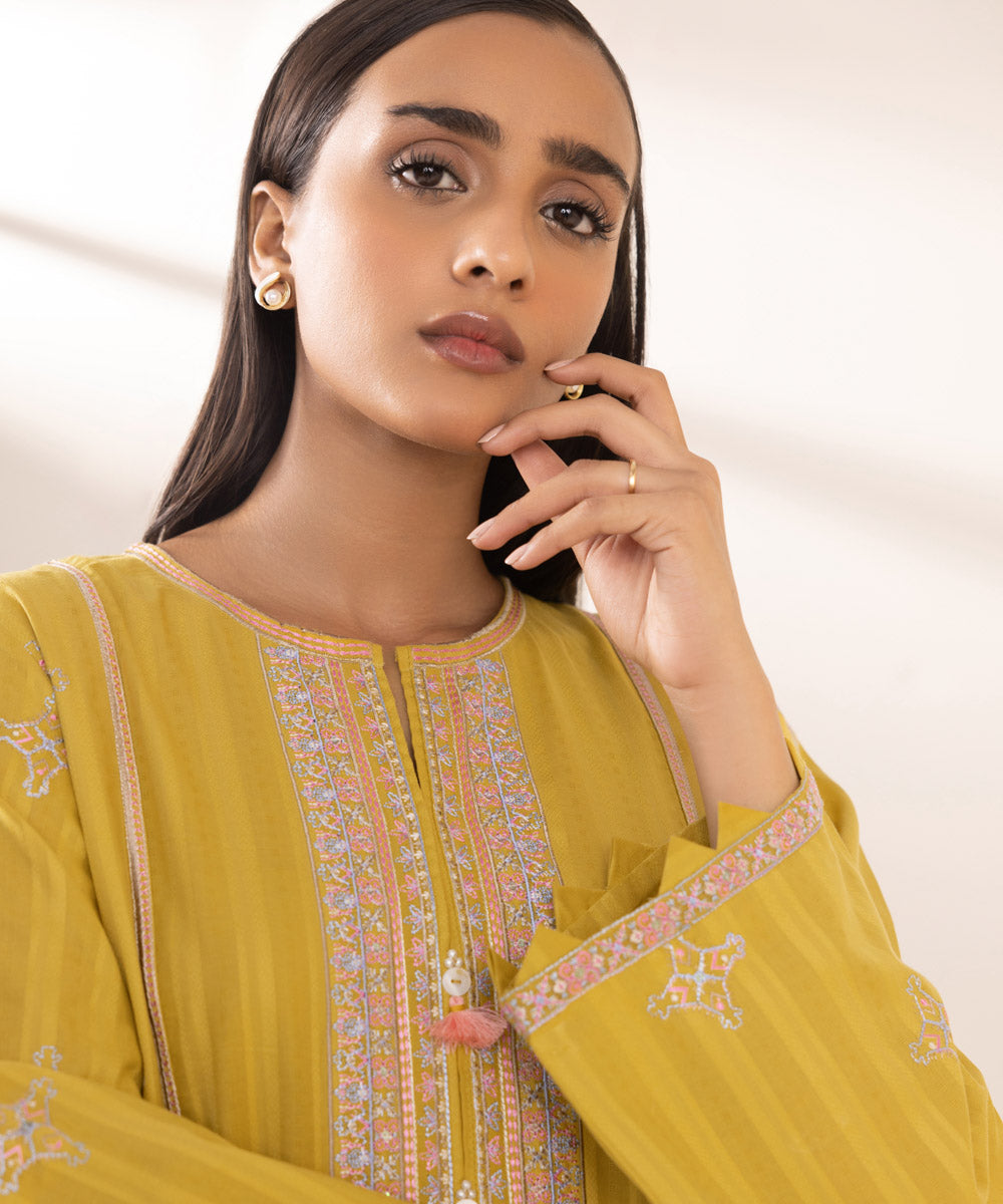 Women's Pret Dobby Yellow Embroidered Straight Shirt