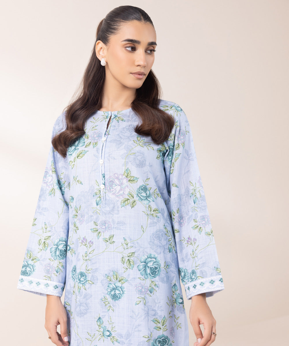 Women's Pret Khaddar Embroidered Sky Blue A-Line Shirt