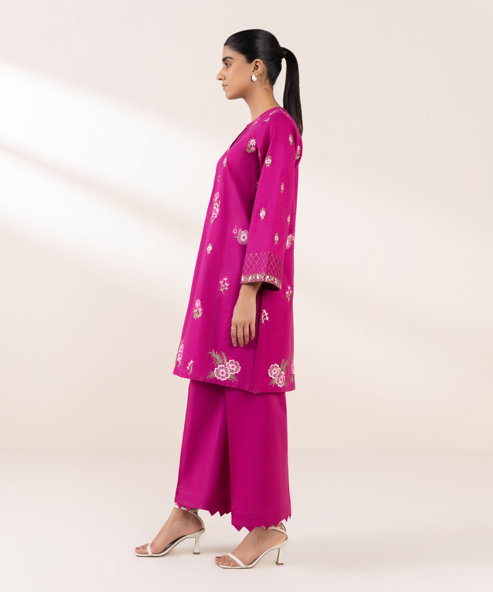 Women's Pret Cambric Embroidered Pink Boxy Shirt