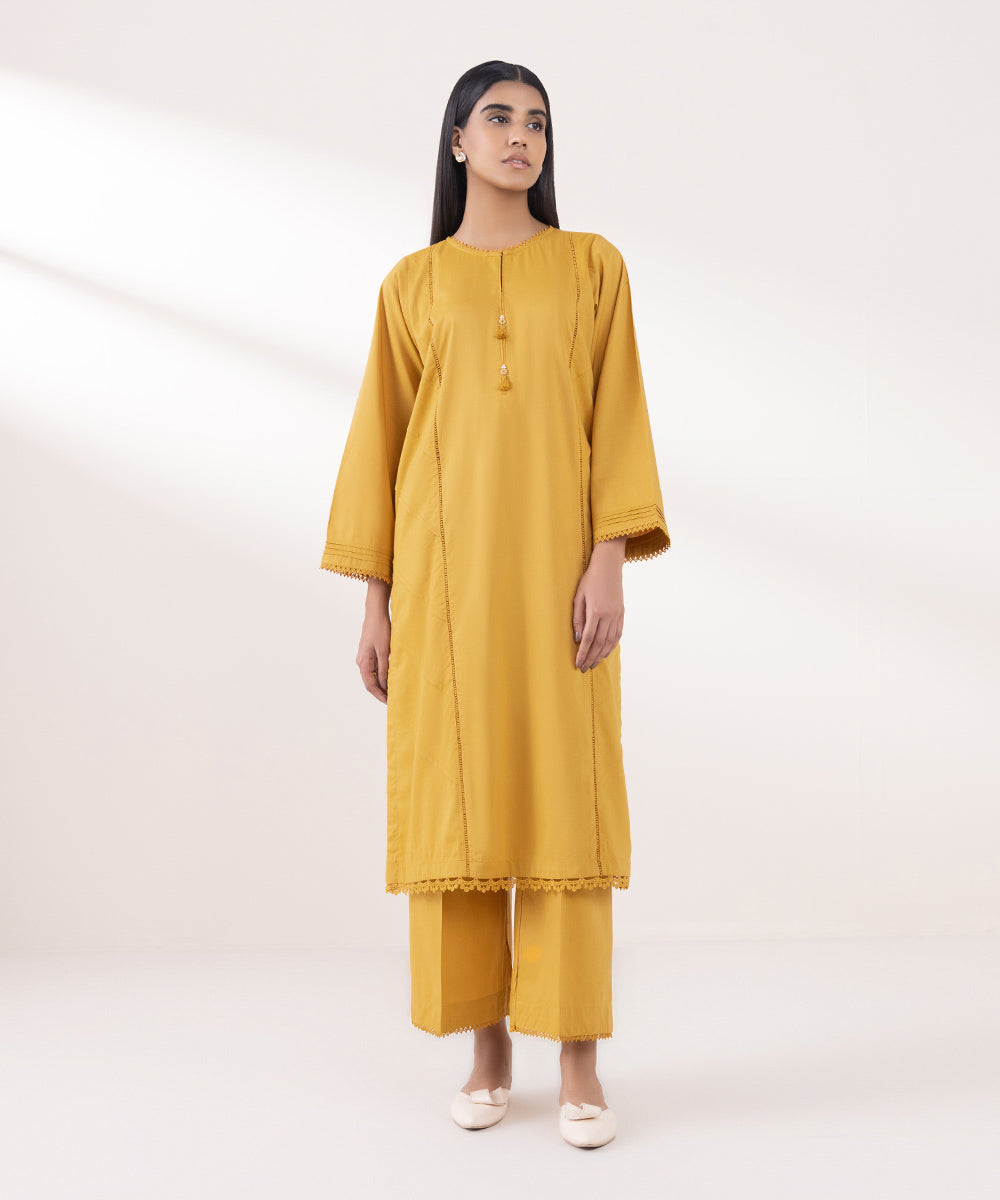 Women's Pret Cotton Viscose Solid Yellow A-Line Shirt