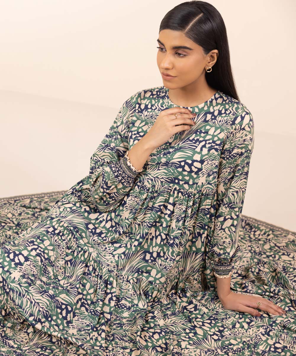 Women's Pret Arabic Lawn Printed Multi Tier Dress