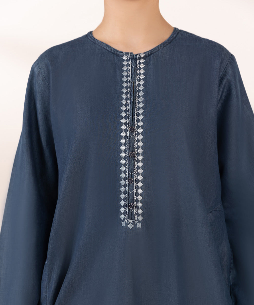 Women's Pret Denim Blue Embroidered Straight Shirt