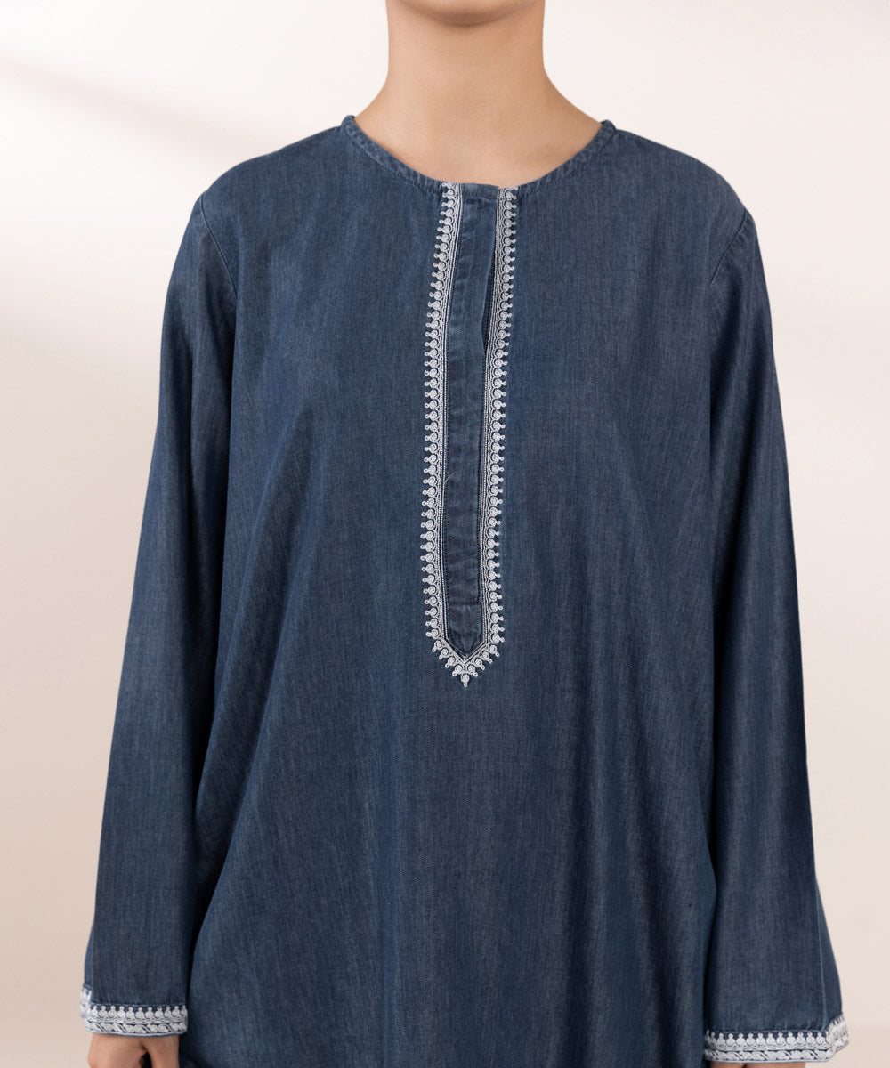 Women's Pret Denim Blue Embroidered Straight Shirt