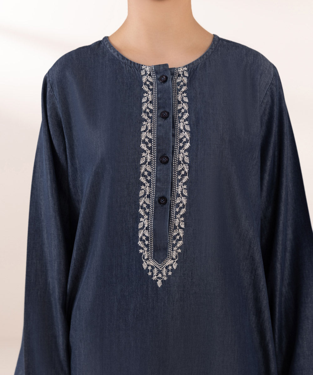 Women's Pret Denim Blue Embroidered A-Line Shirt