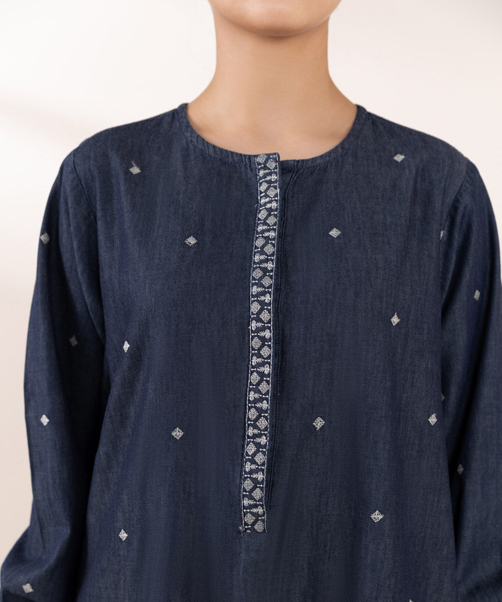 Women's Pret Denim Blue Embroidered Straight Shirt