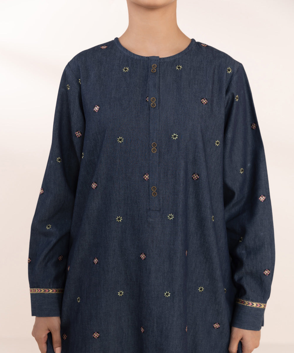 Women's Pret Denim Blue Embroidered Straight Shirt