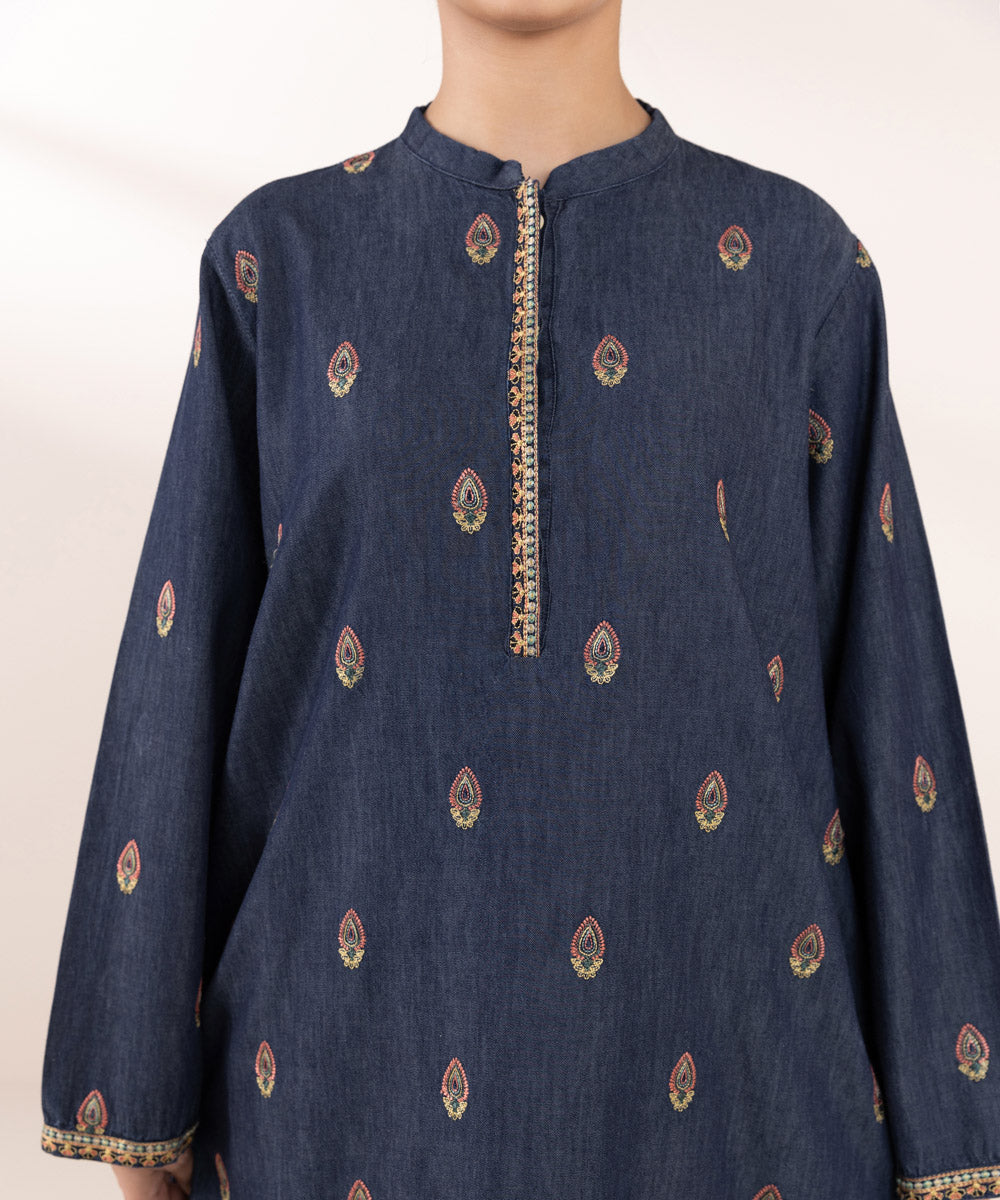 Women's Pret Denim Blue Embroidered Straight Shirt