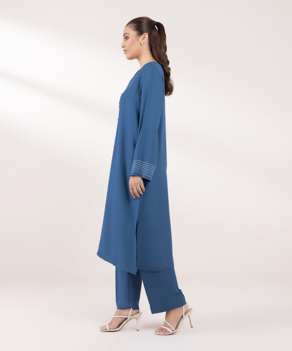 Women's Pret Linen Solid Blue A-Line Shirt