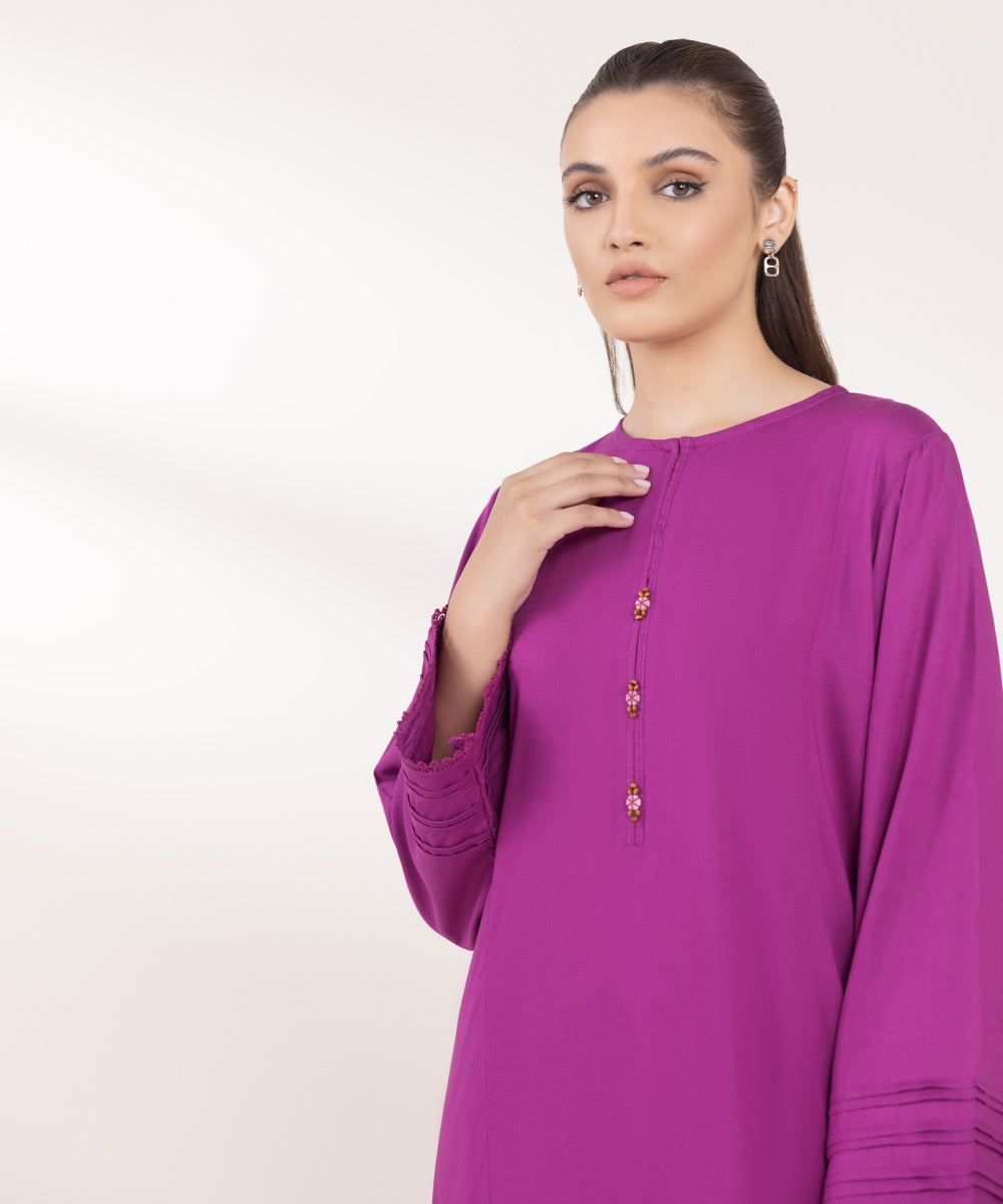 Women's Pret Linen Solid Purple A-Line Shirt