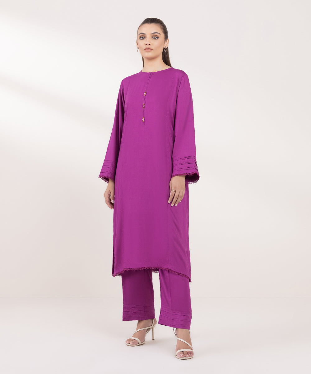 Women's Pret Linen Solid Purple A-Line Shirt