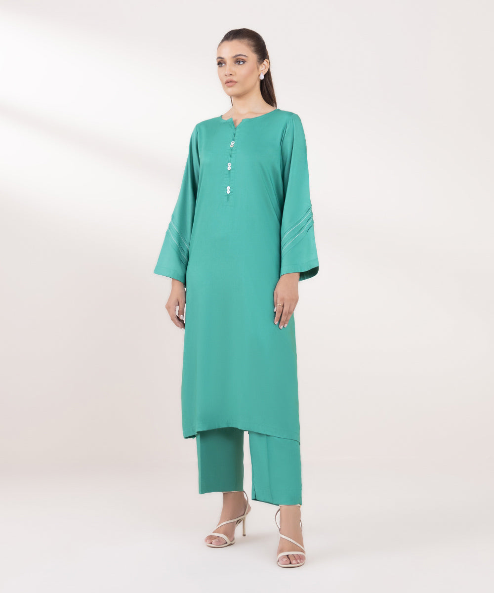 Women's Pret Linen Solid Green Straight Shirt