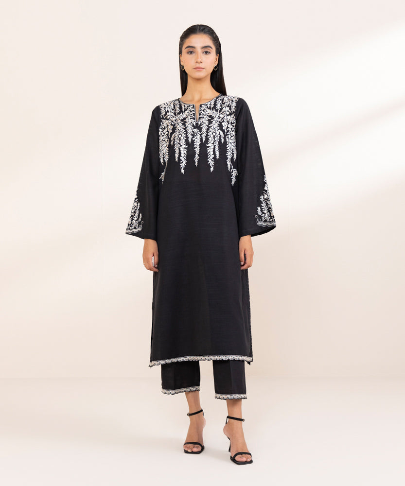 Women's Pret Black Embroidered Khaddar Shirt