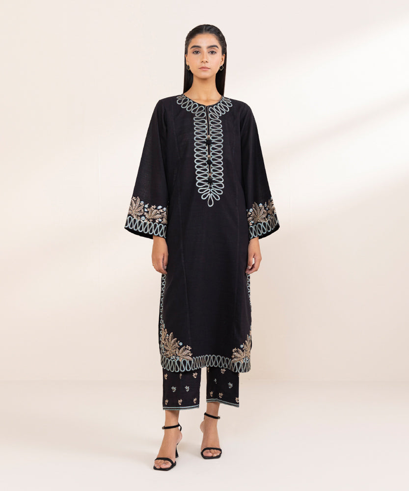 Women's Pret Black Embroidered Khaddar Shirt