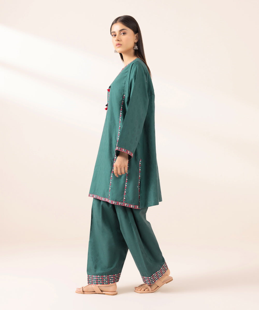 Women's Pret Cotton Jacquard Solid Embroidered Green A-Line Shirt