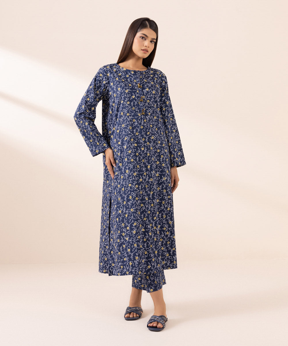 Women's Pret Cotton Viscose Blue Printed A-Line Shirt