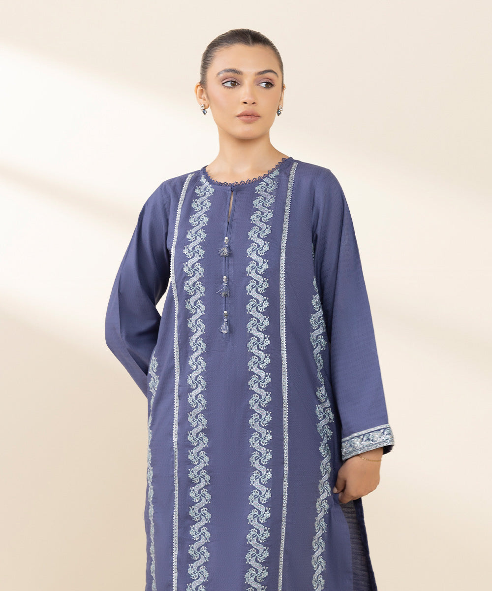 Women's Pret Dobby Embroidered Blue A-Line Shirt