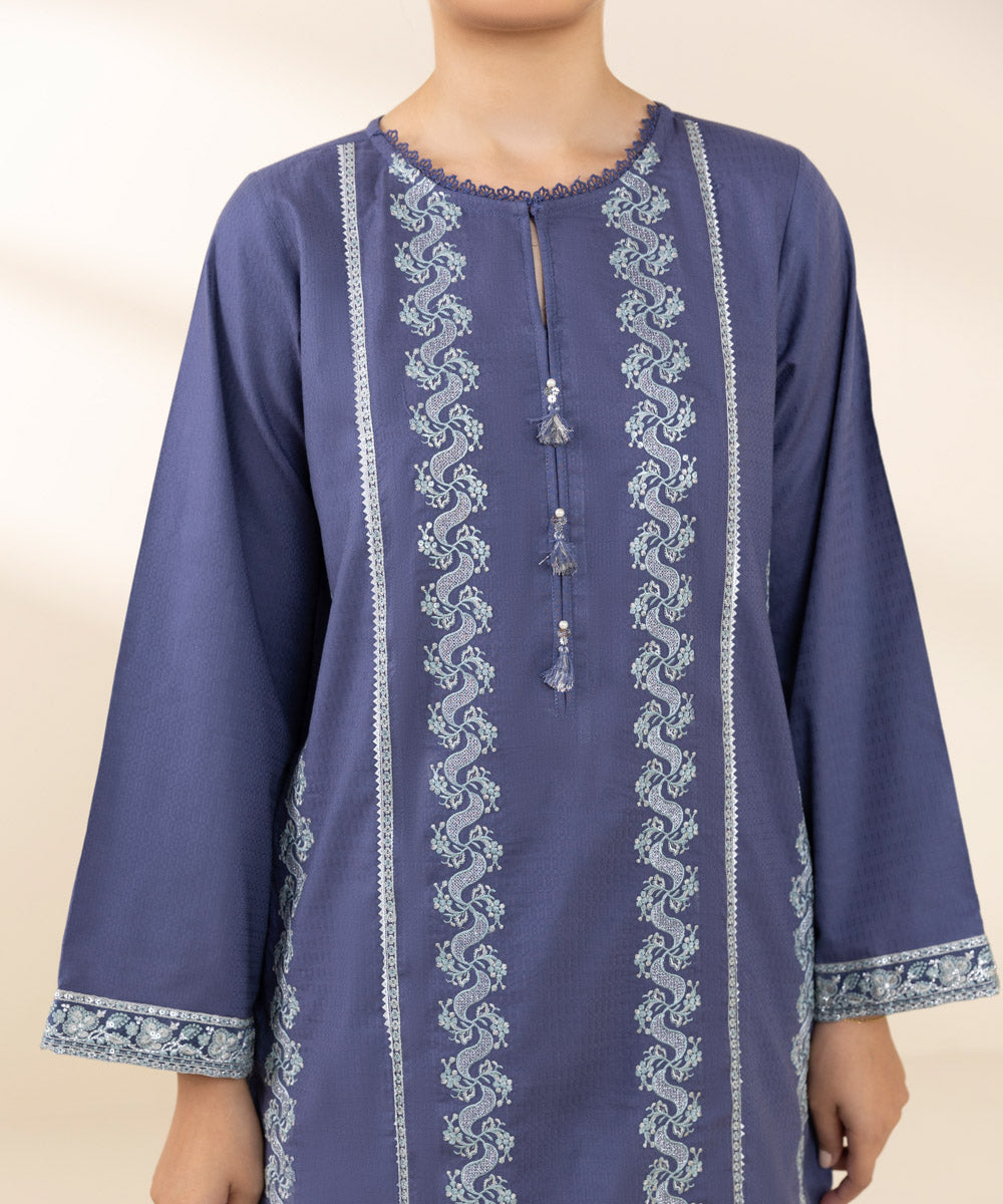 Women's Pret Dobby Embroidered Blue A-Line Shirt