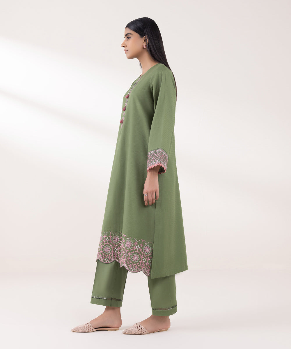 Women's Pret Dobby Embroidered Green A-Line Shirt