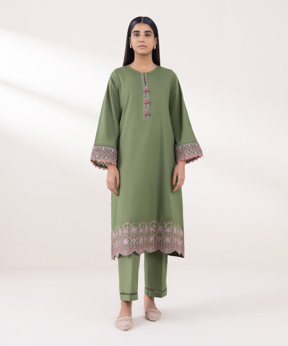 Women's Pret Dobby Embroidered Green A-Line Shirt