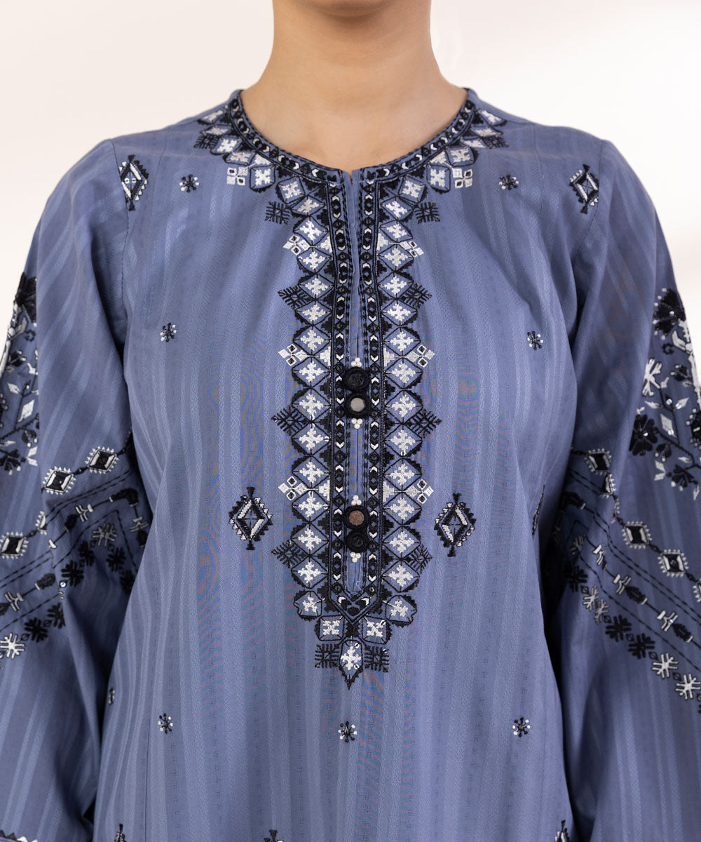 Women's Pret Dobby Blue Embroidered A-Line Shirt