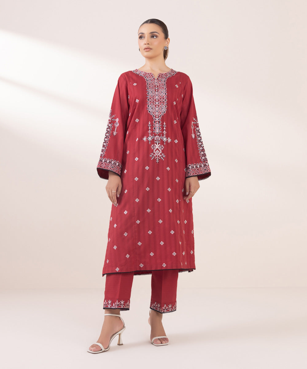 Women's Pret Dobby Red Embroidered A-Line Shirt