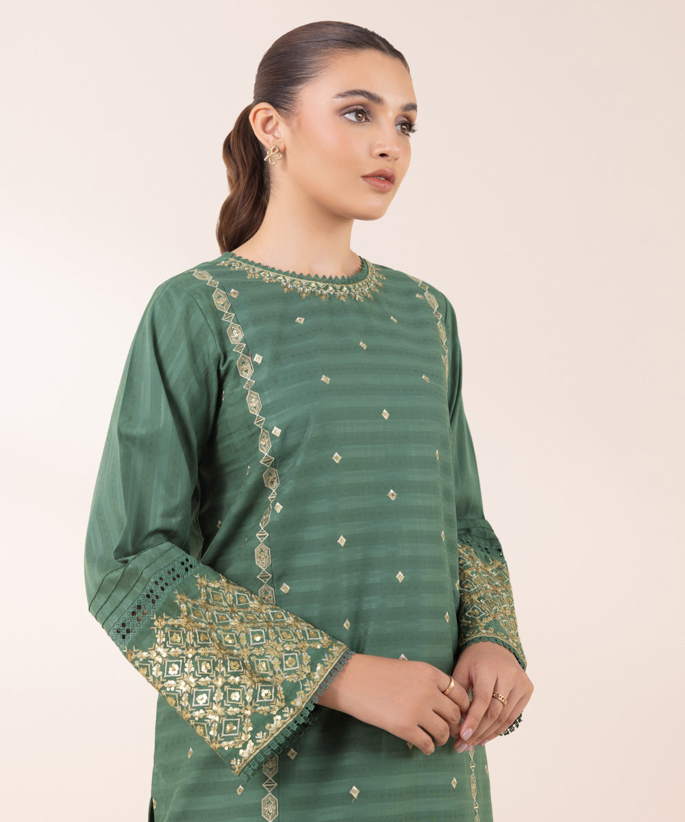 Women's Pret Dobby Green Embroidered A-Line Shirt