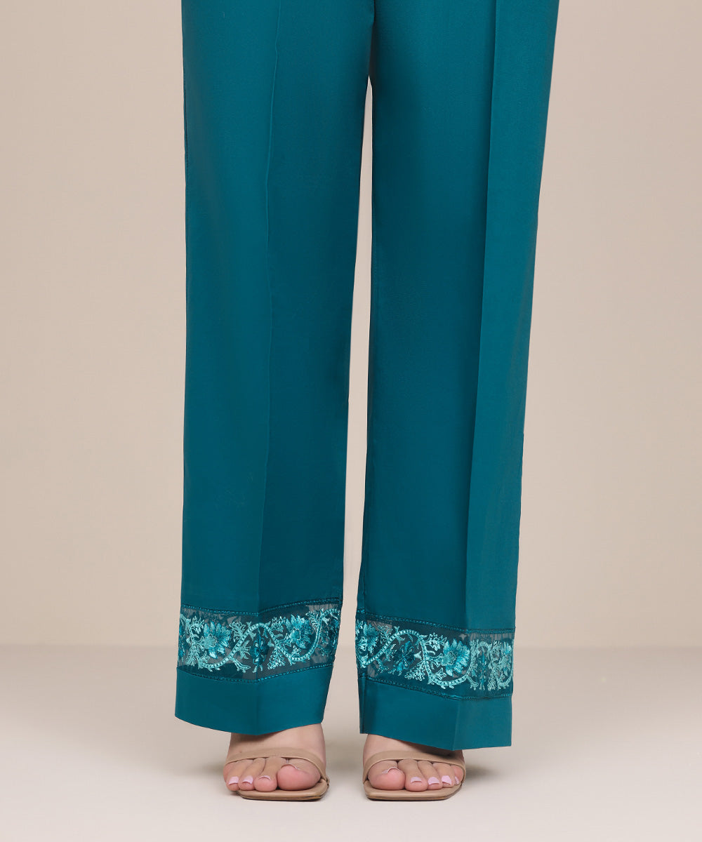 Women's Pret Dull Raw Silk Blue Embroidered Straight Pants