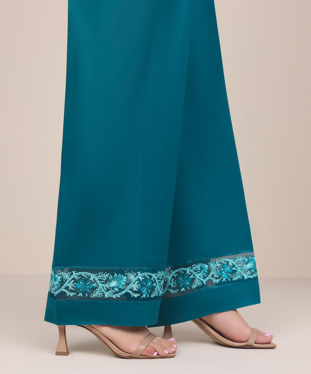 Women's Pret Dull Raw Silk Blue Embroidered Straight Pants