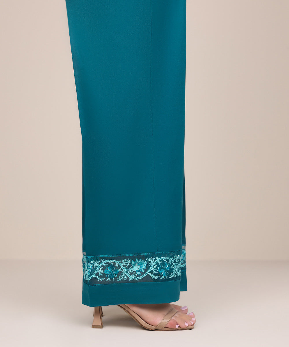 Women's Pret Dull Raw Silk Blue Embroidered Straight Pants