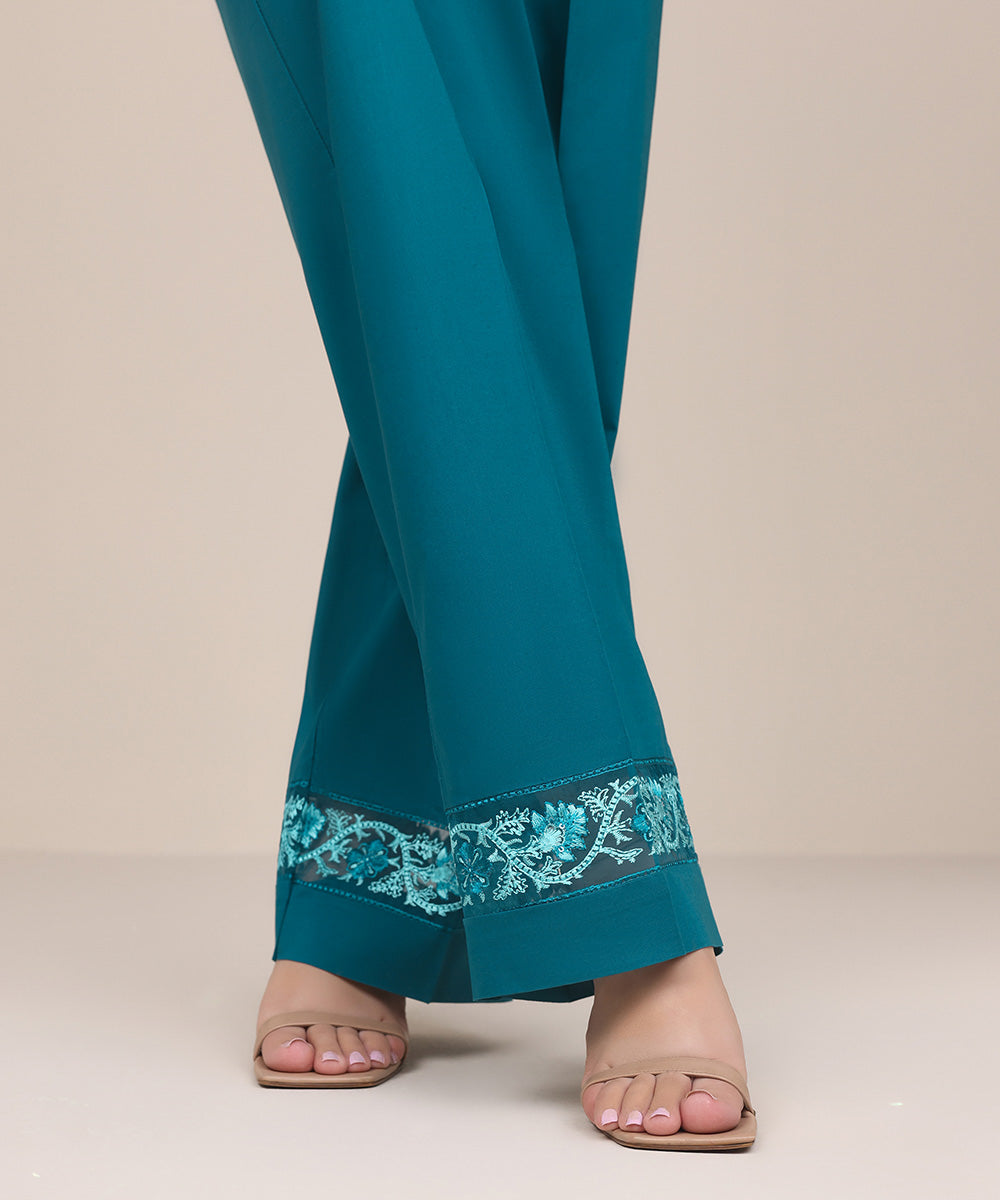 Women's Pret Dull Raw Silk Blue Embroidered Straight Pants