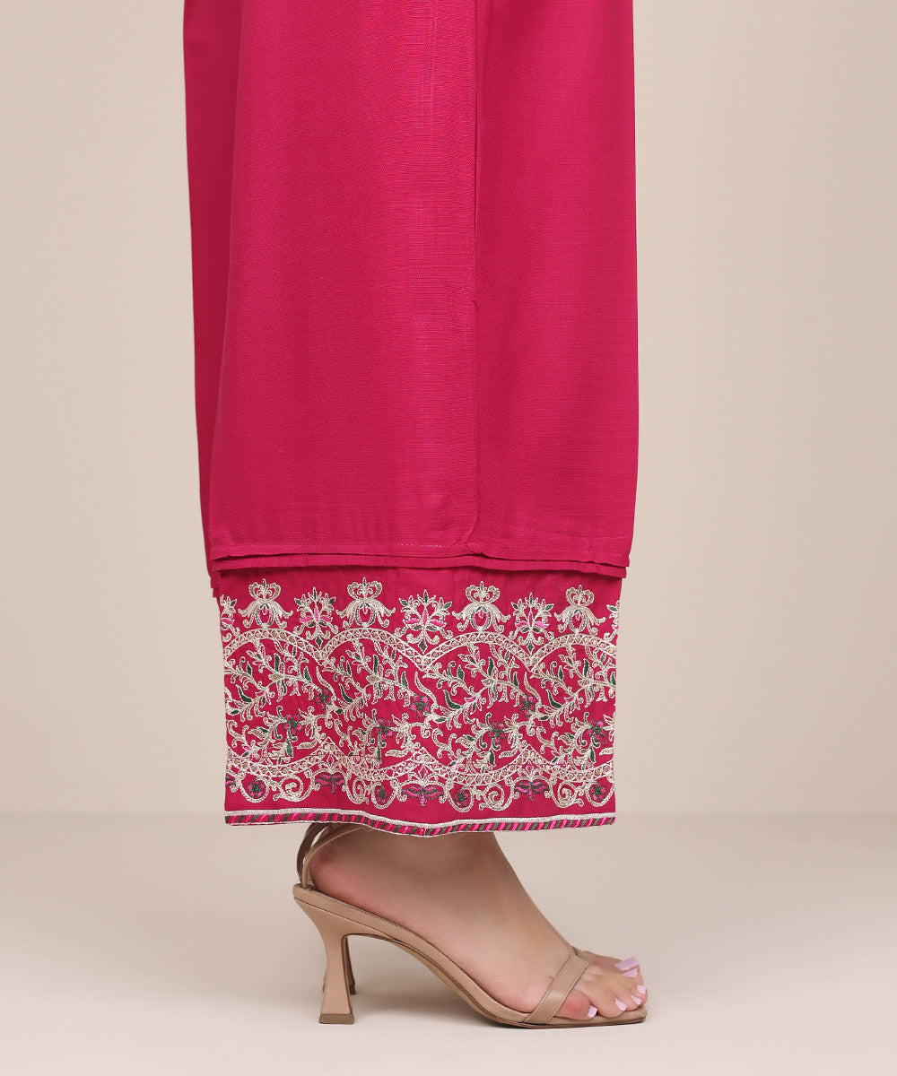 Women's Pret Dull Raw Silk Pink Embroidered Straight Pants