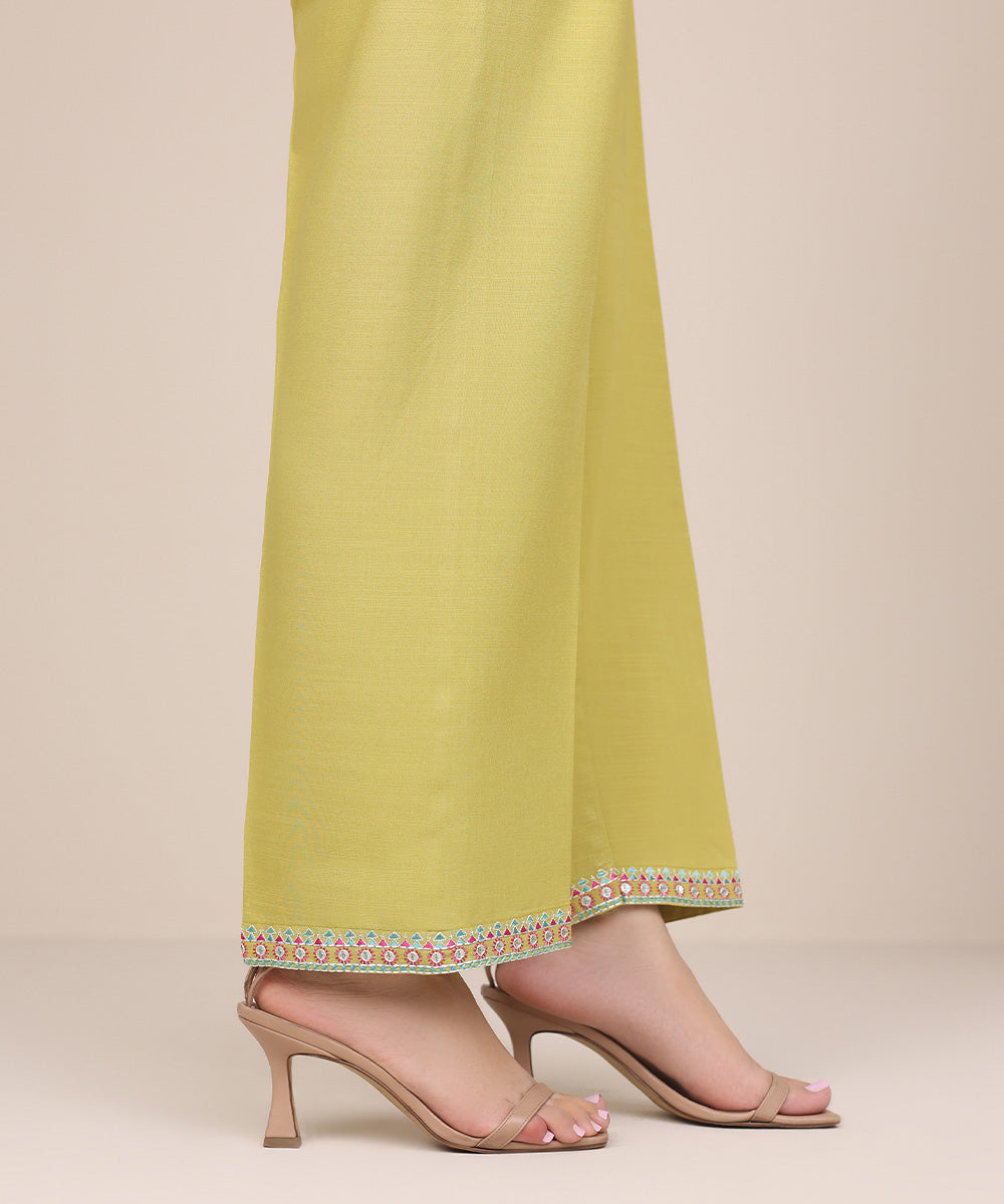 Women's Pret Dull Raw Silk Yellow Embroidered Straight Pants